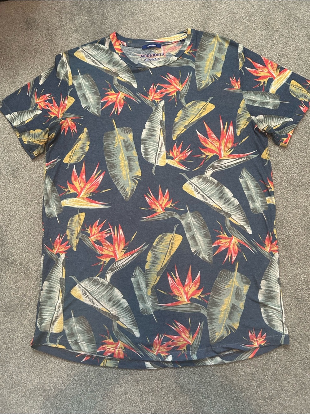 Jack & Jones Navy Tropical Print Tee with Yellow and Orange Accents